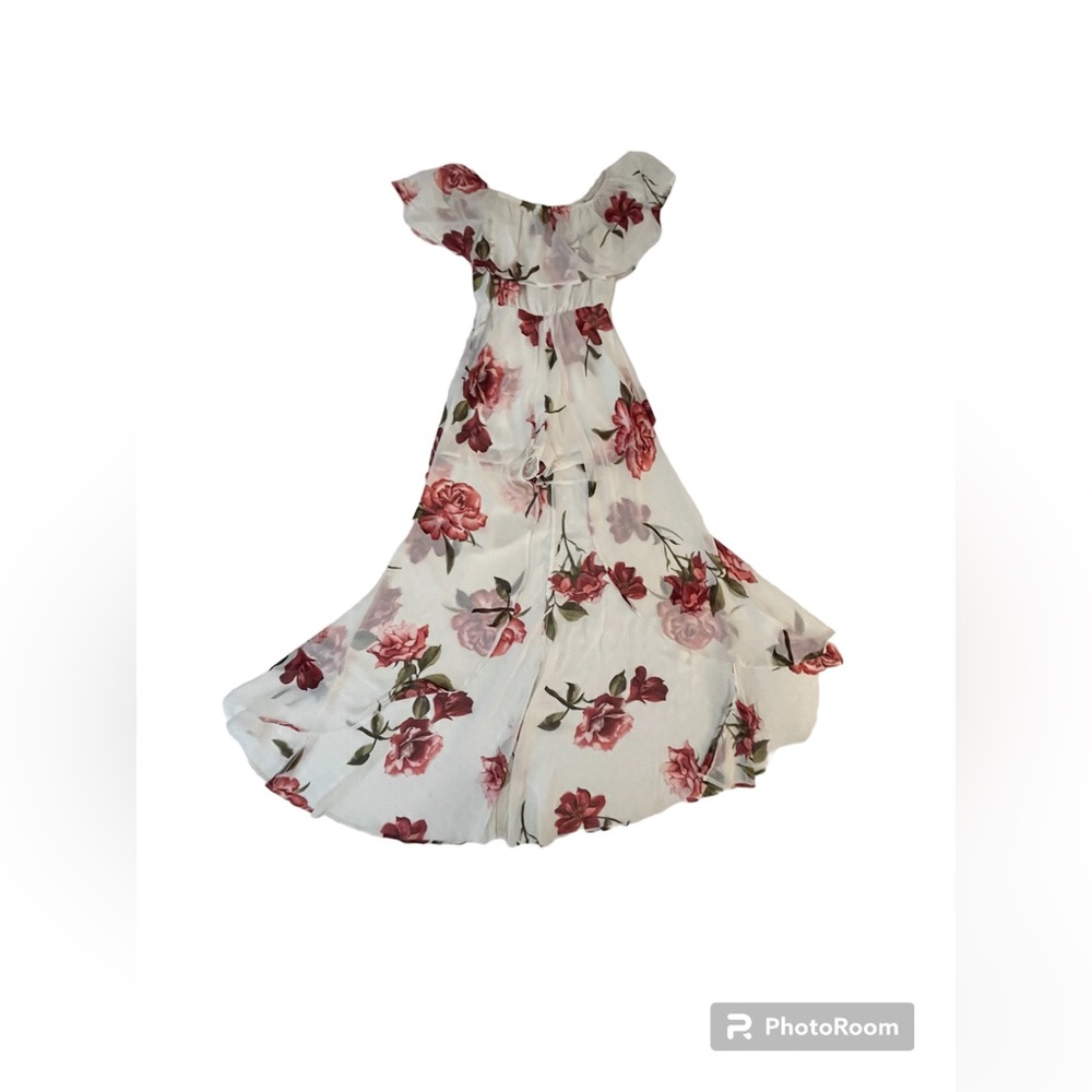Floral romper with floor length trail